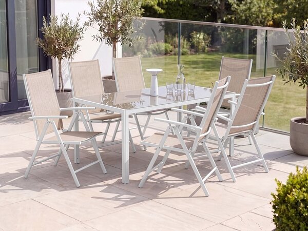Záhradný jedálenský stôl béžová vrchná doska z tvrdeného skla biely hliníkový rám 160 x 90 cm moderný dizajn exteriér