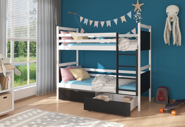 Detská poschodová posteľ FUNDO + 2x matrac, 80x180, biela/čierna