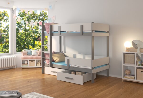 Detská poschodová posteľ SETINA + 2x matrac, 80x180, biela/sivá