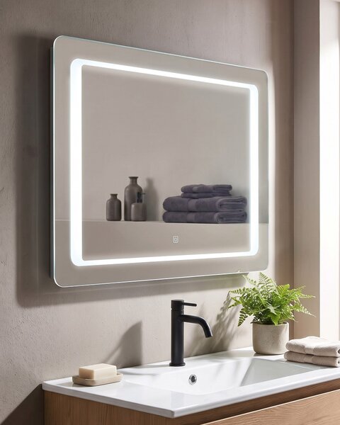 Nástenné zrkadlo strieborné s LED svetlom osvetlené obdĺžnikové 60 x 80 cm systém proti zahmlievaniu