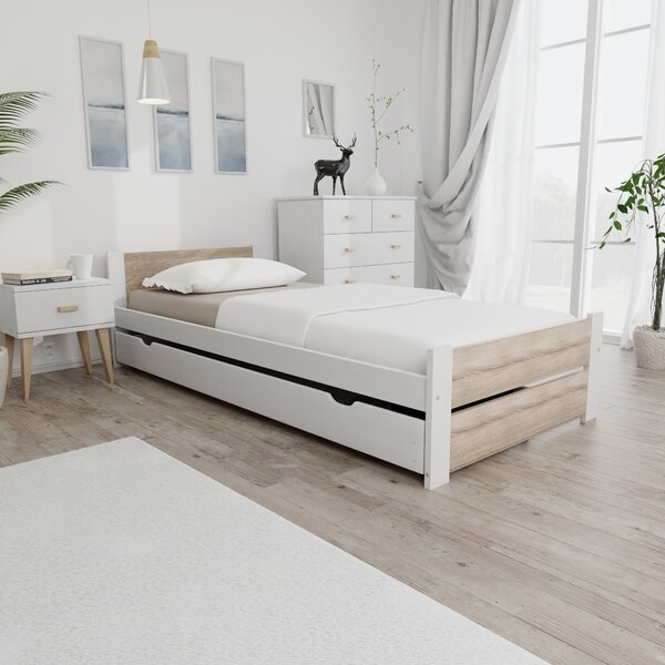 Posteľ IKAROS DOUBLE 90 x 200 cm, biela/dub sonoma Rošt: Bez roštu, Matrac: Matrac DELUXE 10 cm