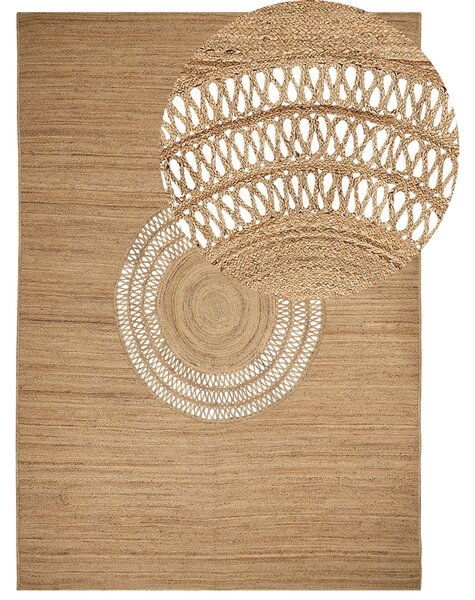 Koberec béžový jutový 160 x 230 cm pletený ručne vyrobený s vyrezávaným vzorom prírodný boho štýl textil