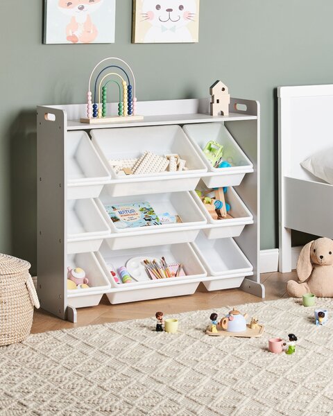 Regál s 9 úložnými boxmi sivá biela MDF plastové boxy úložný priestor moderný štýl detská izba