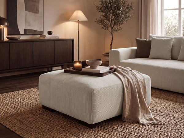Taburet béžový menčestrový čalúnený 80 x 80 x 35 cm štvorcový minimalistický moderný dizajn