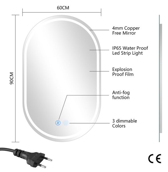 Erga Lyra, oválne LED zrkadlo 60x90cm, 3 farby svetla, predné a zadné osvetlenie, vyhrievacia podložka proti zapareniu, ERG-V01-Lyra-6090-CL