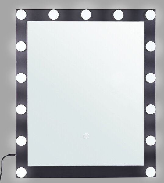 Nástenné kozmetické zrkadlo s LED svetlom čierne 50 x 60 cm obdĺžnikový tvar hollywoodske so žiarovkami toaletný stolík glamour štýl
