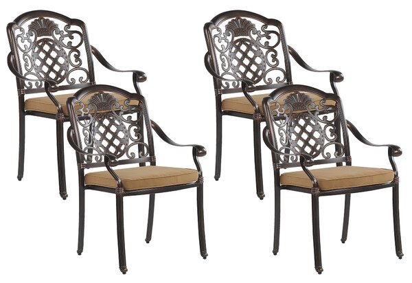 Záhradná jedálenská sada so slnečníkom hnedá béžová hliník polyester stôl 4 stoličky sedacie vankúše moderný retro štýl exteriér