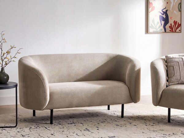 2-miestna pohovka sivobéžová polyester látkové čalúnenie čierne kovové nohy zaoblený tvar moderný art deco štýl obývačka