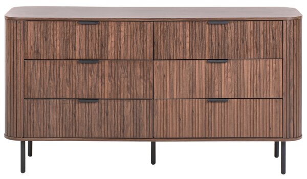 Komoda tmavohnedá čierne nohy MDF kov retro 6 zásuviek úložný priestor obývacia izba spálňa