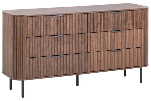 Komoda tmavohnedá čierne nohy MDF kov retro 6 zásuviek úložný priestor obývacia izba spálňa