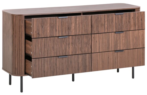 Komoda tmavohnedá čierne nohy MDF kov retro 6 zásuviek úložný priestor obývacia izba spálňa