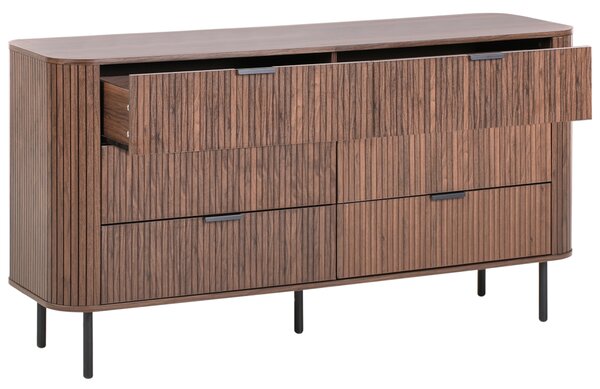 Komoda tmavohnedá čierne nohy MDF kov retro 6 zásuviek úložný priestor obývacia izba spálňa