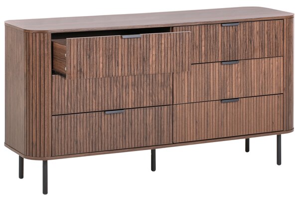 Komoda tmavohnedá čierne nohy MDF kov retro 6 zásuviek úložný priestor obývacia izba spálňa