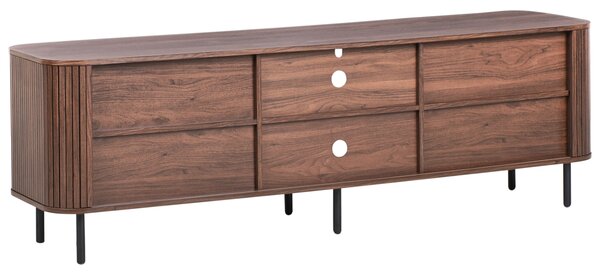 TV stolík tmavohnedý čierne nohy MDF kov retro štýl posuvné dvierka obývacia izba