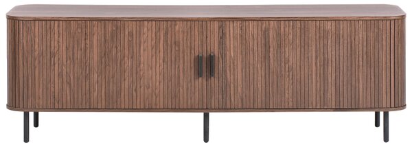 TV stolík tmavohnedý čierne nohy MDF kov retro štýl posuvné dvierka obývacia izba