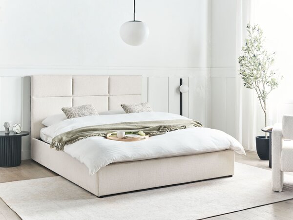 Posteľ s úložným priestorom krémová biela látkové čalúnenie polyester 160 x 200 cm s čelom moderný štýl spálňa