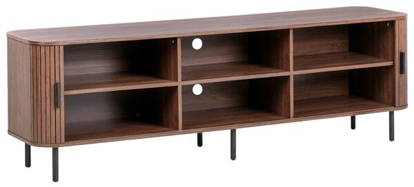 TV stolík tmavohnedý čierne nohy MDF kov retro štýl posuvné dvierka obývacia izba