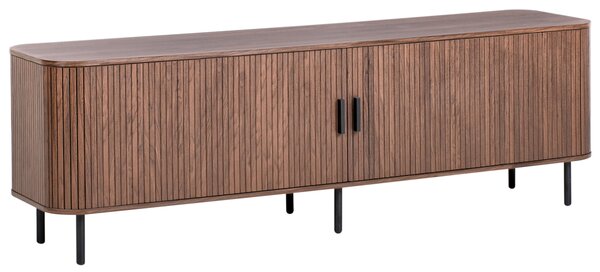TV stolík tmavohnedý čierne nohy MDF kov retro štýl posuvné dvierka obývacia izba