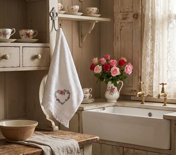 Biely froté uterák so srdcom z ruží Rose Heart - 40*66 cm - Clayre & Eef
