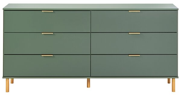 Komoda so 6 zásuvkami zelená zlatá drevotrieska nohy z masívu úložný priestor moderný retro štýl obývačka spálňa