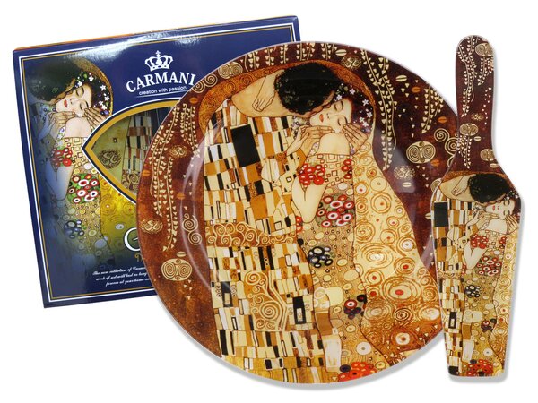 Sklenená tácka okrúhla 27 cm s lopatkou Gustav Klimt The Kiss, CARMANI (Sklenená tácka okrúhla 27 cm s lopatkou Gustav Klimt )