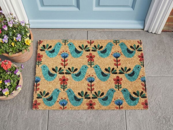 Rohožka viacfarebná kokosové vlákno 50 x 80 cm protišmyková spodná strana rohož so vzorom vtákov moderná