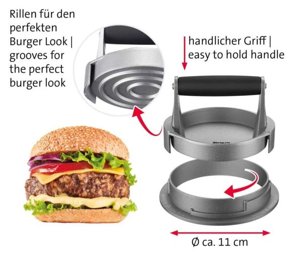 WESTMARK Tvorítko - lis na hamburgery nastaviteľný,liatina (Nastaviteľný lis na hamburgery – nemeckej firmy Westmark)