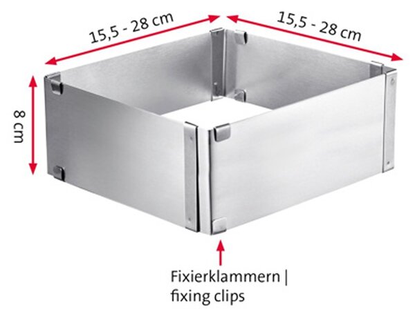WESTMARK Nastaviteľná forma na koláč štvorec 15.5 - 28 cm s extra 8 cm výškou (Nastaviteľná forma na štvorcové torty ľubovoľnej veľkosti od 15.5 x 15.5 do 28 x 28 cm)