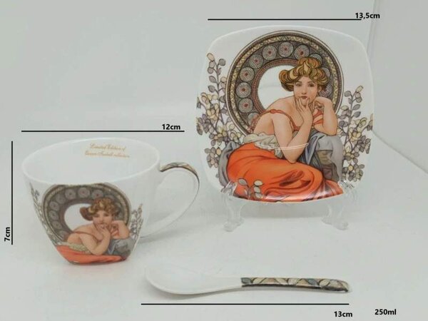 Šálka s podšálkou 250 ml- set 2 ks ,Alfons Mucha Stones Queen Isabell (Porcelánový set2 ks šálok s podšálkou z kolekcie Alfons MUCHA)