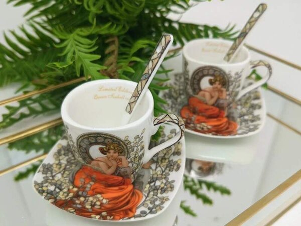Šálka s podšálkou 80 ml na espresso kávu set 2 ks ,Alfons Mucha Stones Queen Isabell (Porcelánový set 2 šálok s podšálkou na espresso z kolekcie Alfons MUCHA)