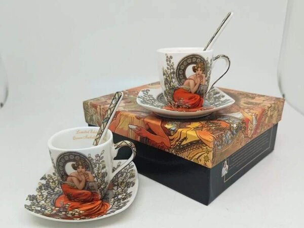 Šálka s podšálkou 80 ml na espresso kávu set 2 ks ,Alfons Mucha Stones Queen Isabell (Porcelánový set 2 šálok s podšálkou na espresso z kolekcie Alfons MUCHA)