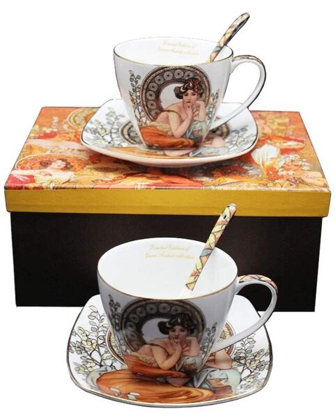 Šálka s podšálkou 250 ml- set 2 ks ,Alfons Mucha Stones Queen Isabell (Porcelánový set2 ks šálok s podšálkou z kolekcie Alfons MUCHA)
