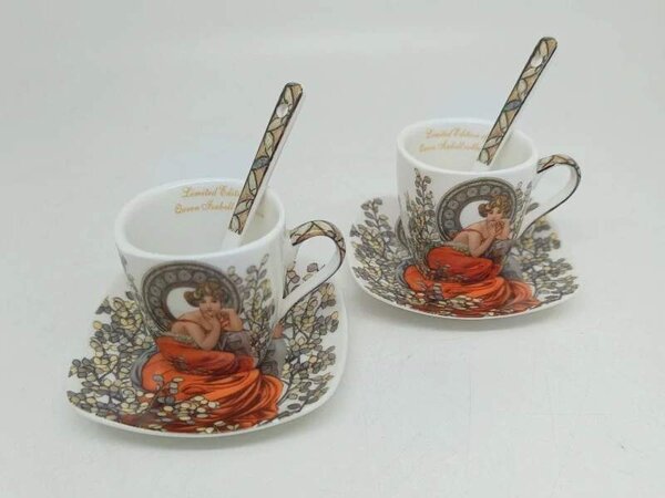 Šálka s podšálkou 80 ml na espresso kávu set 2 ks ,Alfons Mucha Stones Queen Isabell (Porcelánový set 2 šálok s podšálkou na espresso z kolekcie Alfons MUCHA)