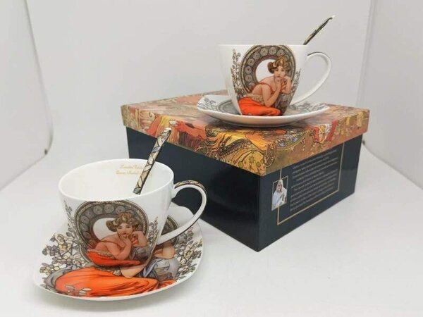 Šálka s podšálkou 250 ml- set 2 ks ,Alfons Mucha Stones Queen Isabell (Porcelánový set2 ks šálok s podšálkou z kolekcie Alfons MUCHA)