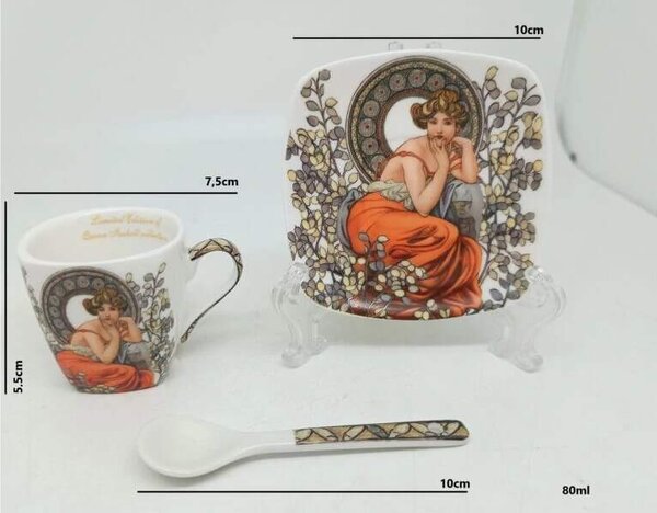 Šálka s podšálkou 80 ml na espresso kávu set 2 ks ,Alfons Mucha Stones Queen Isabell (Porcelánový set 2 šálok s podšálkou na espresso z kolekcie Alfons MUCHA)