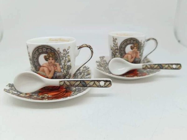 Šálka s podšálkou 80 ml na espresso kávu set 2 ks ,Alfons Mucha Stones Queen Isabell (Porcelánový set 2 šálok s podšálkou na espresso z kolekcie Alfons MUCHA)