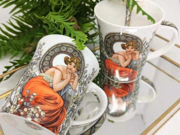 Hrnček s objemom 350 ml, set 2 ks ,Alfons Mucha Stones Queen Isabell (Porcelánový set 2 šálok s podšálkou na espresso kávu z kolekcie Alfons MUCHA)