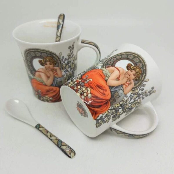 Hrnček s objemom 350 ml, set 2 ks ,Alfons Mucha Stones Queen Isabell (Porcelánový set 2 šálok s podšálkou na espresso kávu z kolekcie Alfons MUCHA)