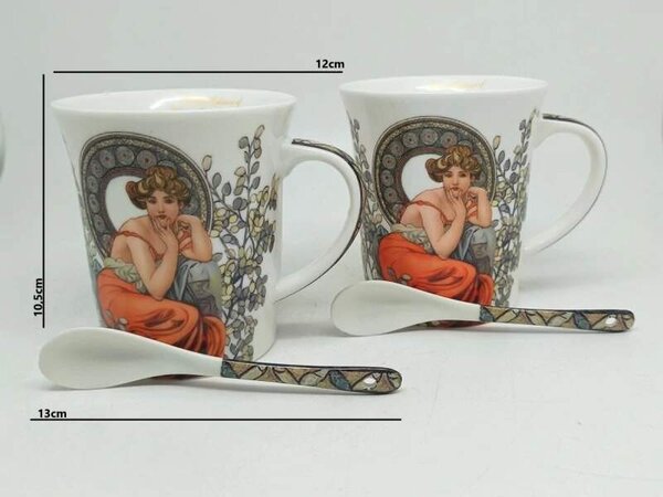 Hrnček s objemom 350 ml, set 2 ks ,Alfons Mucha Stones Queen Isabell (Porcelánový set 2 šálok s podšálkou na espresso kávu z kolekcie Alfons MUCHA)