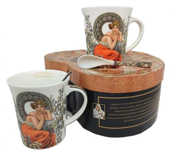 Hrnček s objemom 350 ml, set 2 ks ,Alfons Mucha Stones Queen Isabell (Porcelánový set 2 šálok s podšálkou na espresso kávu z kolekcie Alfons MUCHA)