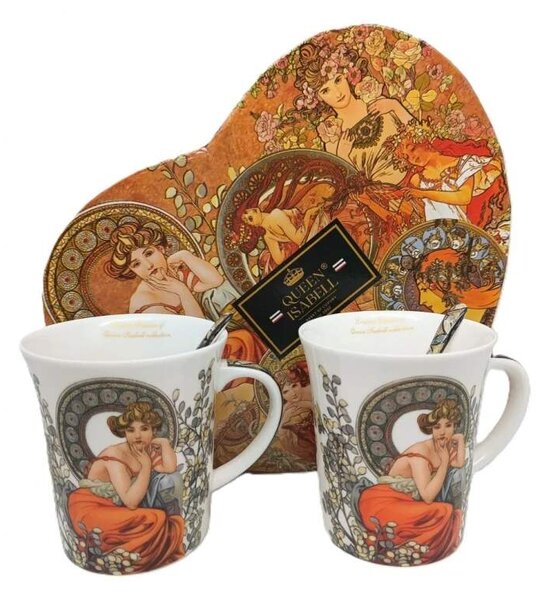 Hrnček s objemom 350 ml, set 2 ks ,Alfons Mucha Stones Queen Isabell (Porcelánový set 2 šálok s podšálkou na espresso kávu z kolekcie Alfons MUCHA)