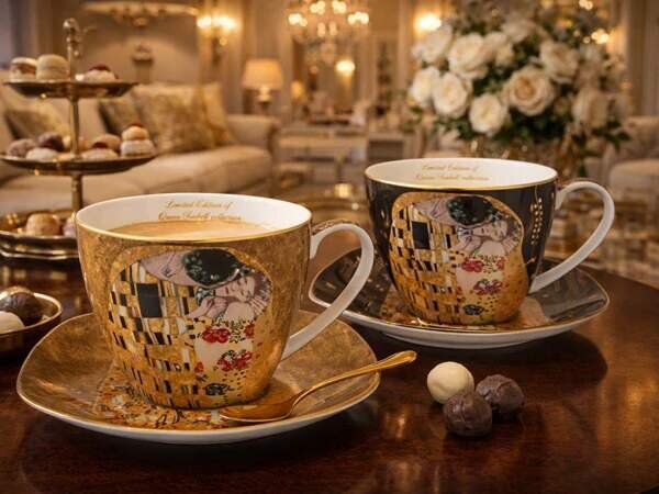 Šálka s podšálkou- set 2 ks 250 ml mix farieb ,Gustav Klimt The Kiss, Queen Isabell (Porcelánový set2 ks šálok s podšálkou a 2 l&žičkami Gustav Klimt)