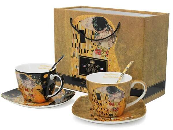 Šálka s podšálkou- set 2 ks 250 ml mix farieb ,Gustav Klimt The Kiss, Queen Isabell (Porcelánový set2 ks šálok s podšálkou a 2 l&žičkami Gustav Klimt)