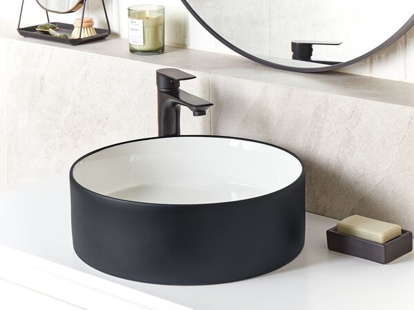 Kúpeľňové umývadlo na dosku čierne keramické lesklé 40 cm okrúhle moderný štýl kúpeľňa