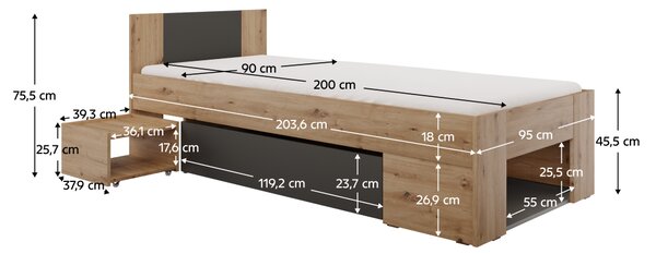 KONDELA Posteľ s úložným priestorom, 90x200, dub artisan/antracit, UNIS