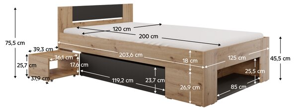 KONDELA Posteľ s úložným priestorom, 120x200, dub artisan/antracit, UNIS