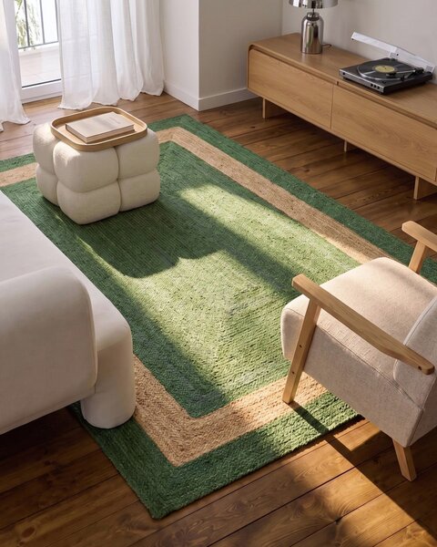 Koberec zelený jutový 200 x 300 cm pletený ručne vyrobený geometrický vzor prírodný boho štýl textil