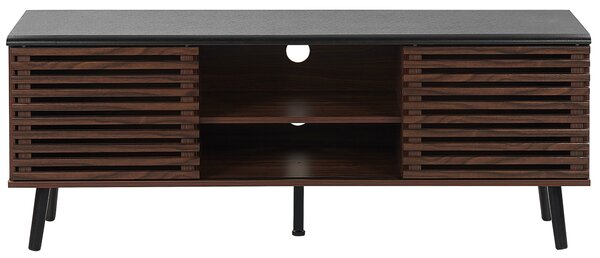 TV stolík tmavé drevo čierna MDF 54 x 140 x 40 cm 2 skrinky 2 police posuvné dvierka úložný priestor rustikálny štýl obývačka spálňa