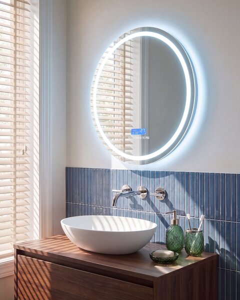 Kúpeľňové nástenné LED zrkadlo strieborné okrúhle 60 x 60 cm s Bluetooth reproduktorom