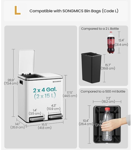 SONGMICS Kôš na triedený odpad 2 x 15 l biely